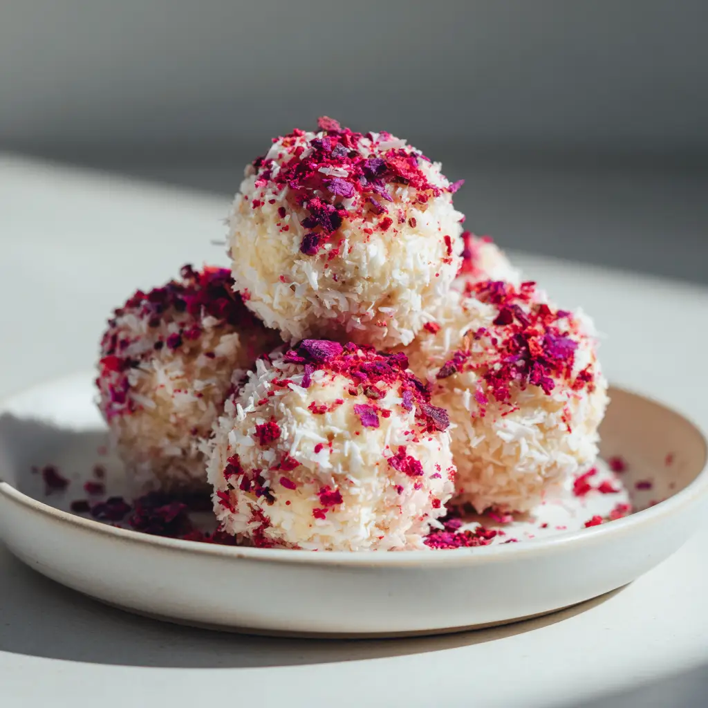 Strawberry Cheesecake Protein Balls (Easy, No-Bake Recipe) 1 A stack of homemade strawberry cheesecake protein balls, highlighting their perfectly round shape and pink-speckled appearance from the strawberries.
