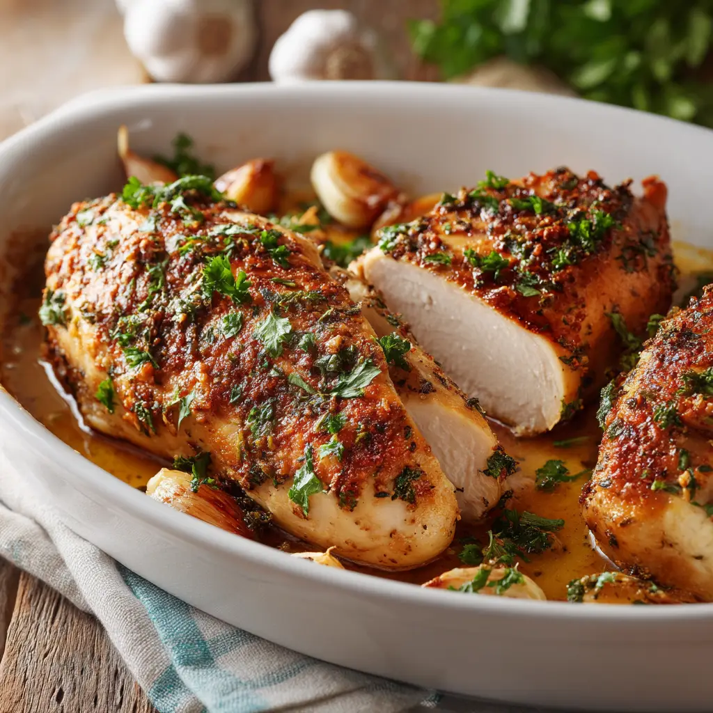 Baked Boneless Chicken Breast (Perfectly Juicy Every Time!) 2 Seasoned raw boneless chicken breasts in a baking dish, ready for the oven. Part of our oven-baked chicken breast recipe.