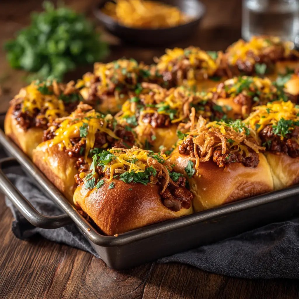 Chili Cheese Dog Sliders: The Ultimate Party Food 2 The assembly process of baked hot dog sliders, showing chili and shredded cheese being layered onto hot dogs nestled in slider buns before baking.