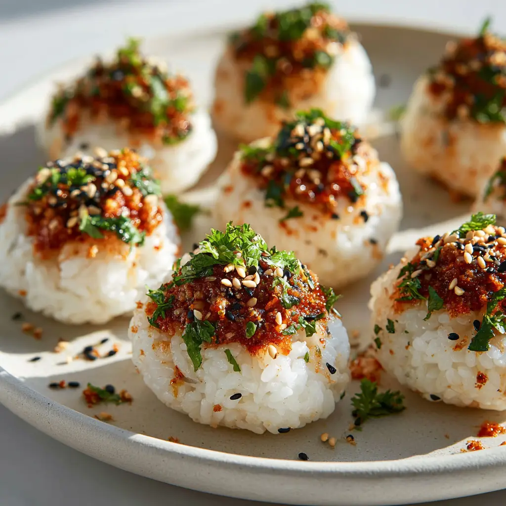 A hand holding a homemade Korean rice ball, demonstrating the perfect size for a snack. The rice ball is flecked with dark green seaweed.