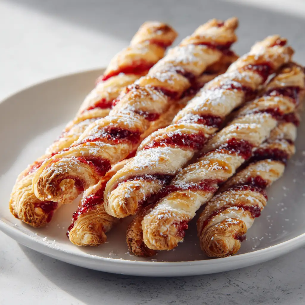 A twisted strip of uncooked raspberry puff pastry on a baking sheet, brushed with egg wash and ready for the oven.