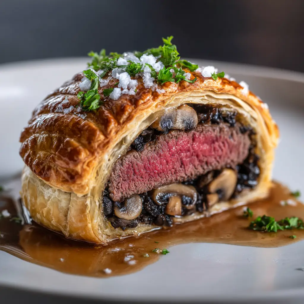 Mini Beef Wellingtons: The Ultimate Appetizer Recipe 2 An extreme close-up of a single mini beef wellington bite, highlighting the flaky puff pastry and the juicy, perfectly cooked beef inside.