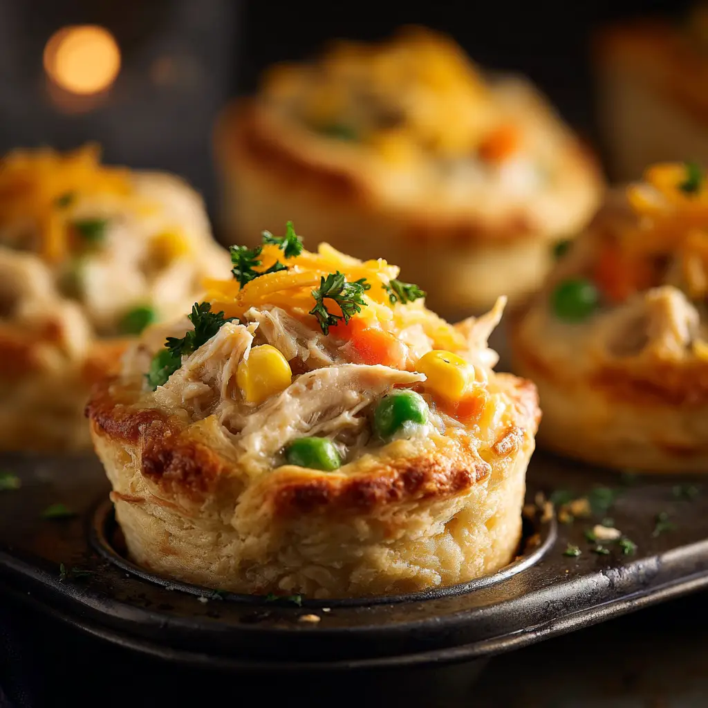 Chicken Pot Pie Biscuit Cups: The Ultimate Comfort Food 1 A single chicken pot pie biscuit cup on a plate, with a bite taken out to reveal the rich, creamy interior filled with chicken and vegetables.