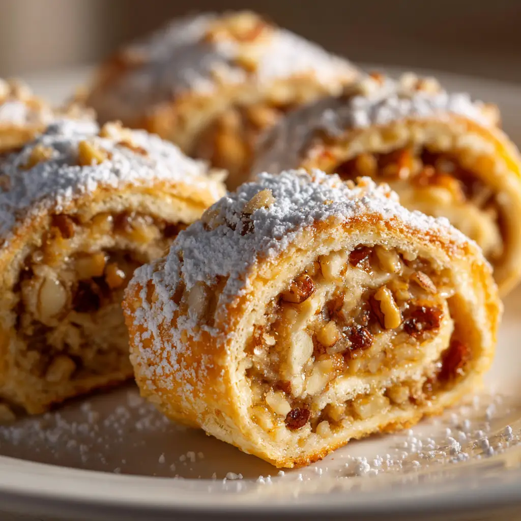 Italian Nut Roll Cookies: An Authentic Family Recipe 2 An extreme close-up of several Italian nut roll cookies, showcasing the flaky pastry and the rich, dark nut filling in a beautiful swirl.
