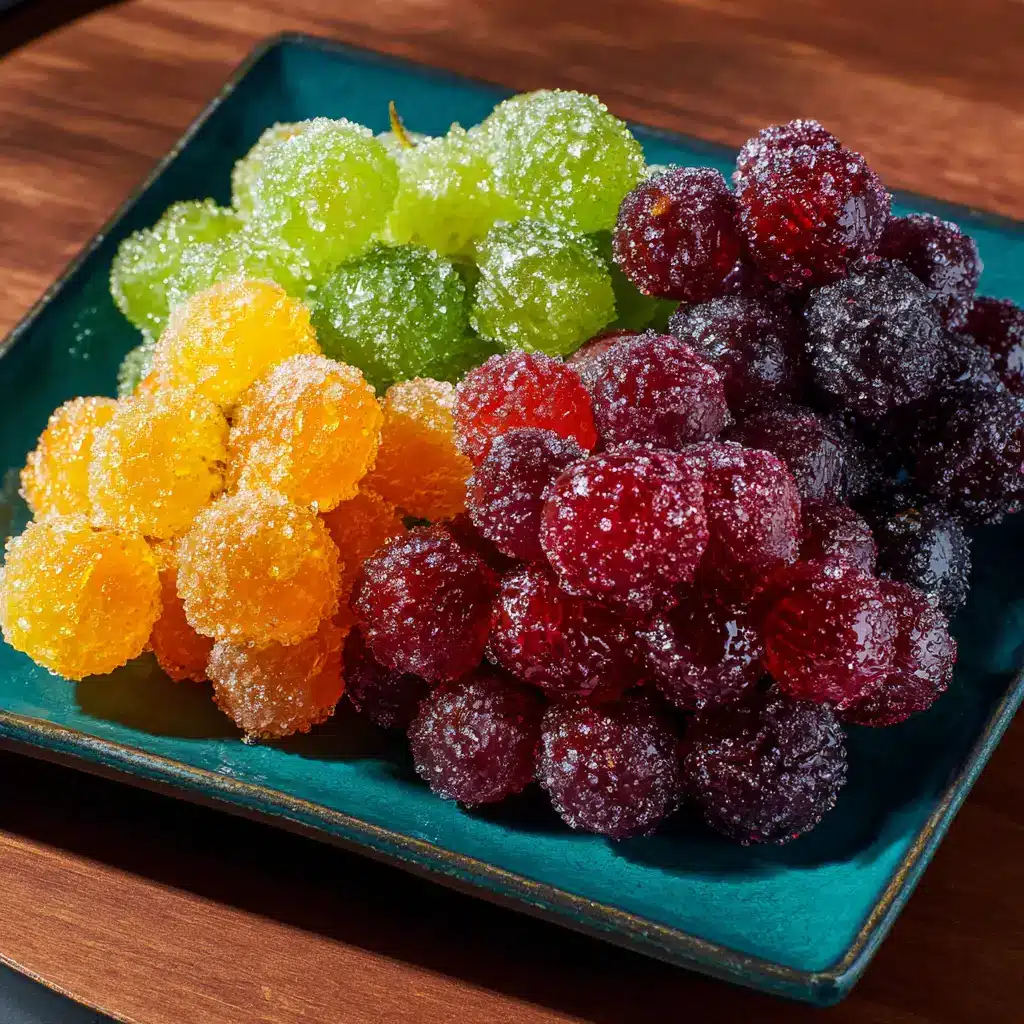 A bowl of frosted Jell-O grapes, showing the delicious sweet and sour powder coating on each grape.