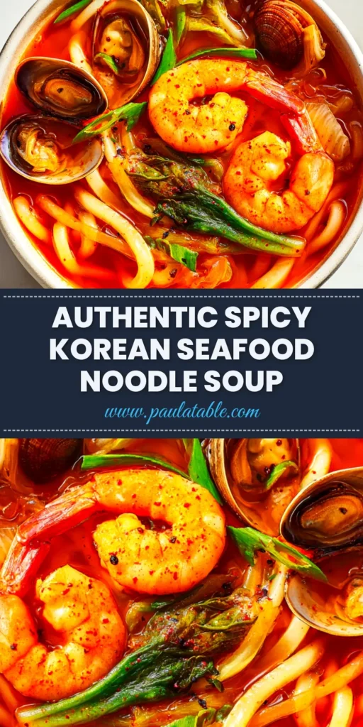 A close-up overhead shot of a vibrant red bowl of Jjamppong. The Korean spicy seafood noodle soup is filled with shrimp, mussels, and noodles. This image is perfect for a Jjamppong recipe pin.