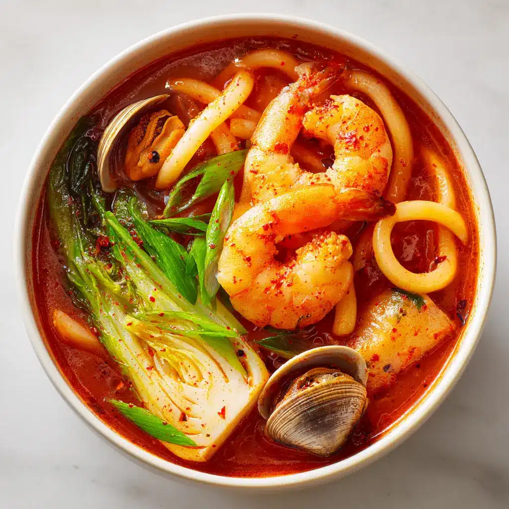 A side-view of a Jjamppong bowl, showing the chewy noodles underneath the rich seafood and spicy broth. This showcases the texture of the Korean noodle dish.