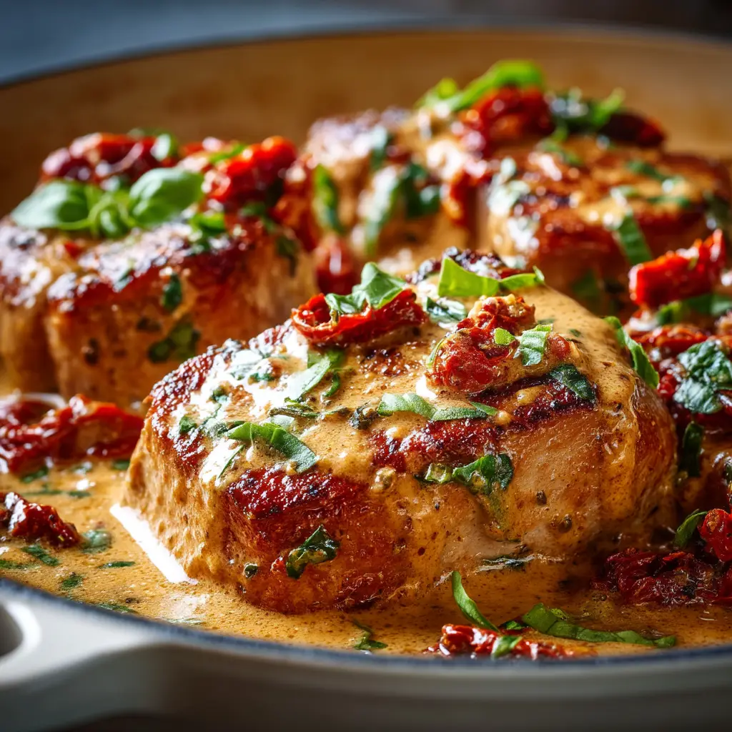 Marry Me Pork Tenderloin (The Only Recipe You'll Ever Need) 2 An extreme close-up of pan-seared Marry Me Pork Tenderloin slices, showcasing the juicy texture and creamy sun-dried tomato sauce.