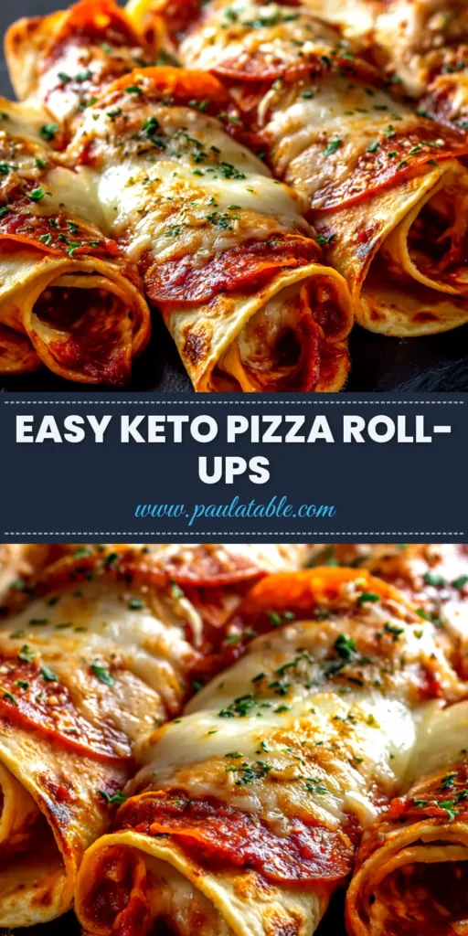 Keto Pizza Roll-Ups (Easy, Cheesy, & Fail-Proof!) 4 A platter of golden-brown Keto Pizza Roll-Ups, showing the cheesy pepperoni filling. A text overlay reads 'Easy Keto Pizza Roll-Ups'.