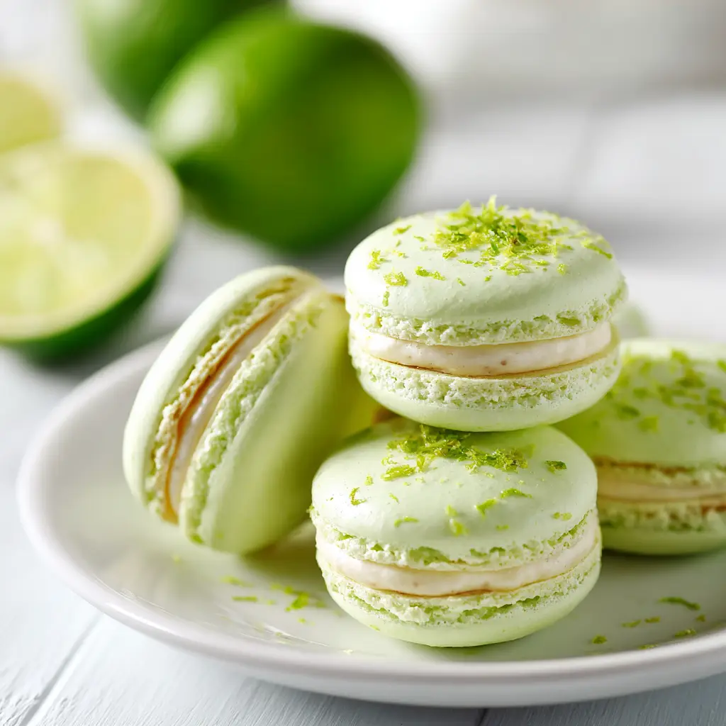 Key Lime Macarons: The Foolproof Recipe 1 A side view of a key lime macaron, clearly showing the creamy filling sandwiched between two bright green shells.