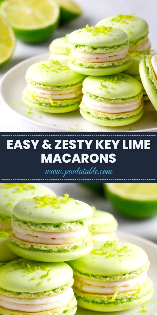 Key Lime Macarons: The Foolproof Recipe 3 A stack of vibrant green Key Lime Macarons, with one broken open to show the creamy, zesty filling. The perfect foolproof recipe for these delicate French cookies.