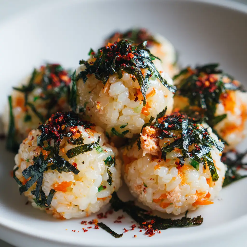 A Korean rice ball cut in half to show the spicy kimchi and cheese filling inside, placed on a decorative platter.