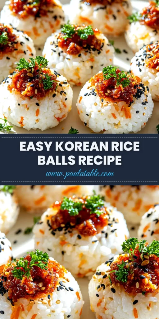 A close-up shot of several perfectly round Korean rice balls (Jumeokbap) in a white bowl, garnished with sesame seeds and seaweed flakes.
