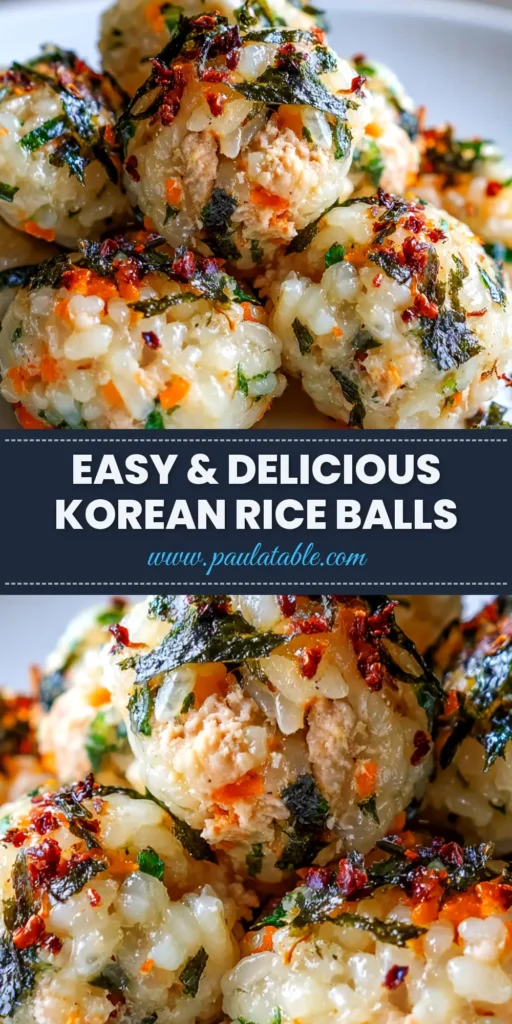A shareable pin image showing perfectly round Korean Rice Balls (Jumeokbap) on a plate, with text overlay for a quick and easy recipe.