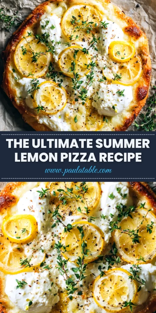 A bright and zesty lemon pizza recipe, fresh from the oven. The pizza is topped with ricotta, mozzarella, and fresh basil, with a lemon slice for garnish.