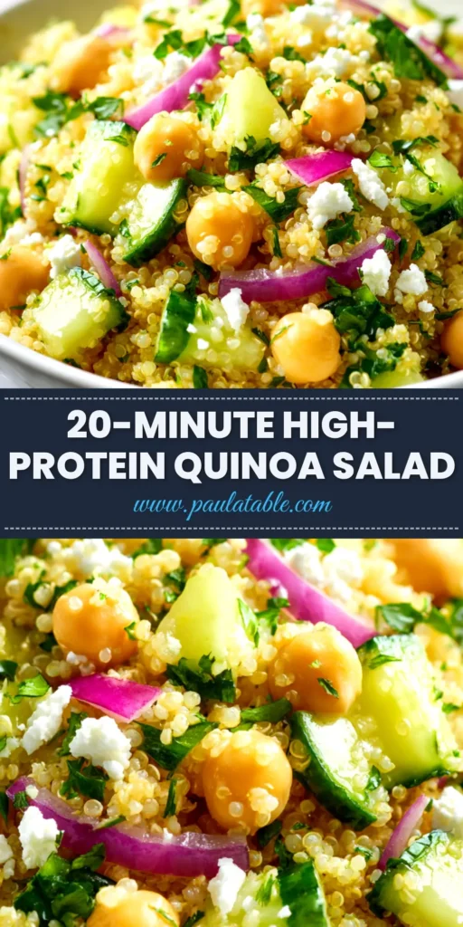 A large white bowl filled with fresh Lemon Quinoa Salad, topped with crumbled feta cheese and fresh parsley. A lemon and a serving spoon are placed next to the bowl.