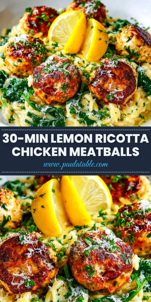 Lemony Chicken Ricotta Meatballs: The Juiciest Recipe 3 A platter of baked Lemony Chicken Ricotta Meatballs garnished with fresh parsley and lemon slices, showcasing their golden-brown and juicy texture. The perfect easy and flavorful dinner recipe.