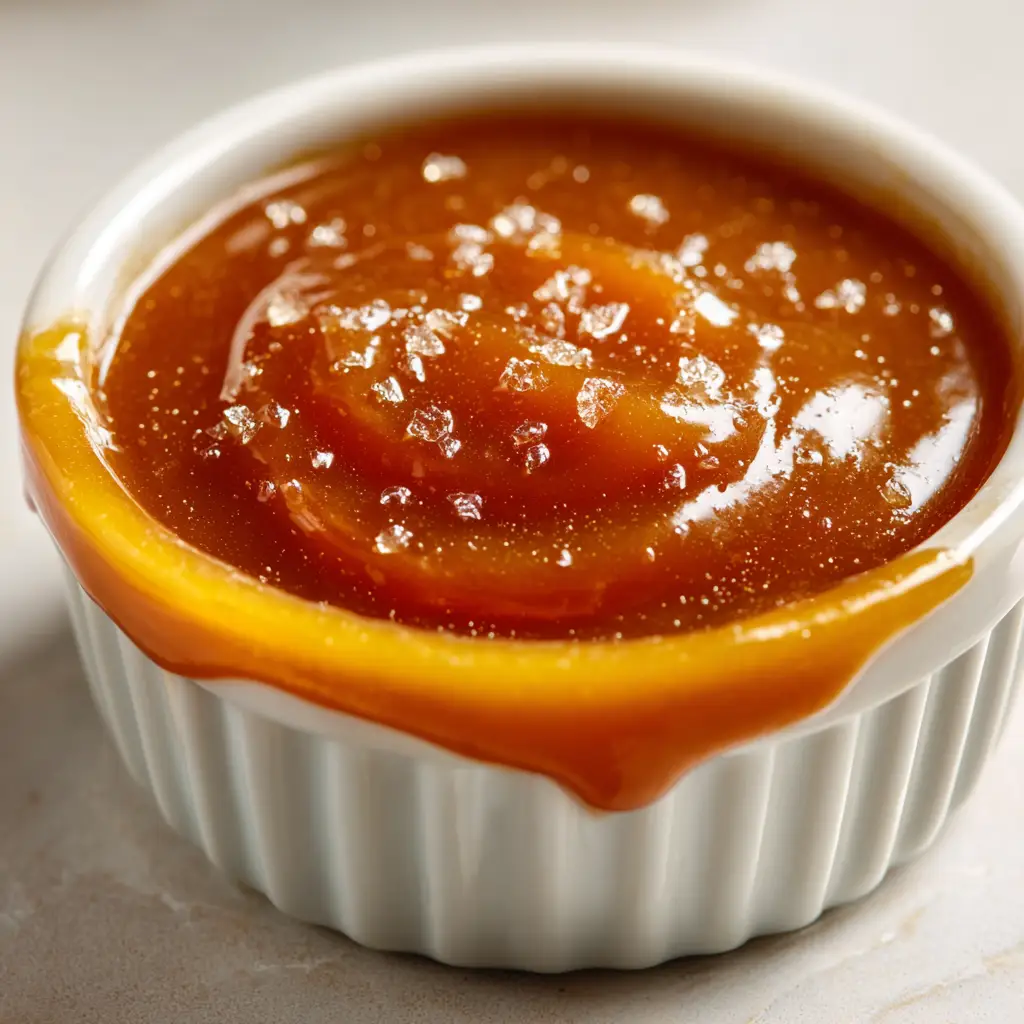 Brown Sugar Caramel Sauce (Easy 4-Ingredient Recipe) 2 A close-up shot of thick and glossy Brown Sugar Caramel Sauce being stirred in a saucepan, highlighting its rich, dark amber color.