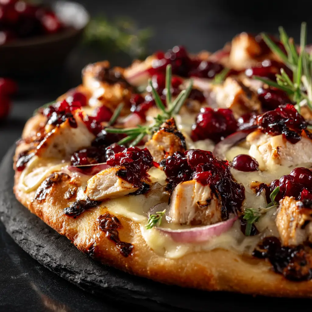 Assembling the cranberry chicken brie pizza with all the fresh ingredients before baking.