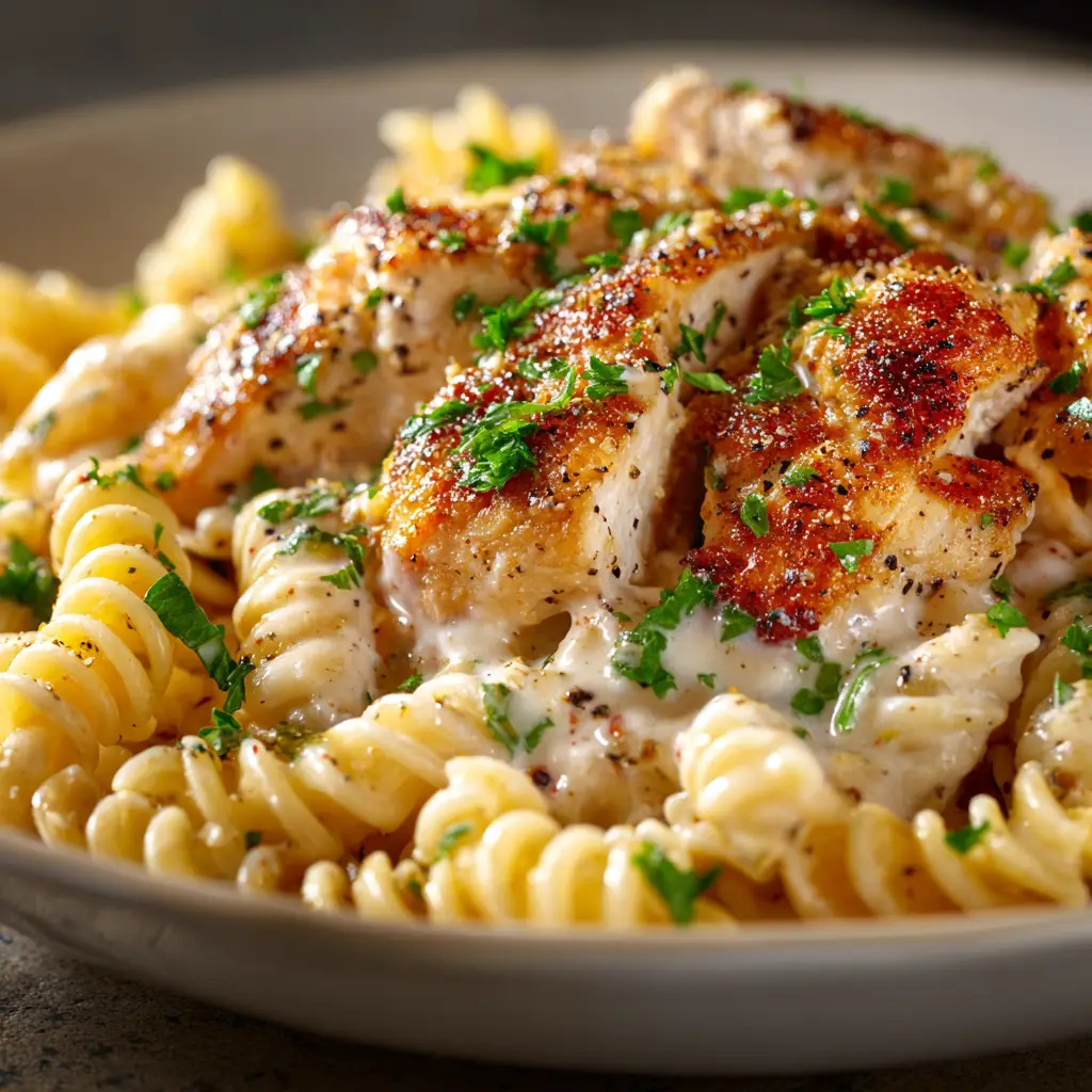 The process of making the creamy garlic sauce for the chicken, showing the parmesan cheese melting into the heavy cream in a skillet.