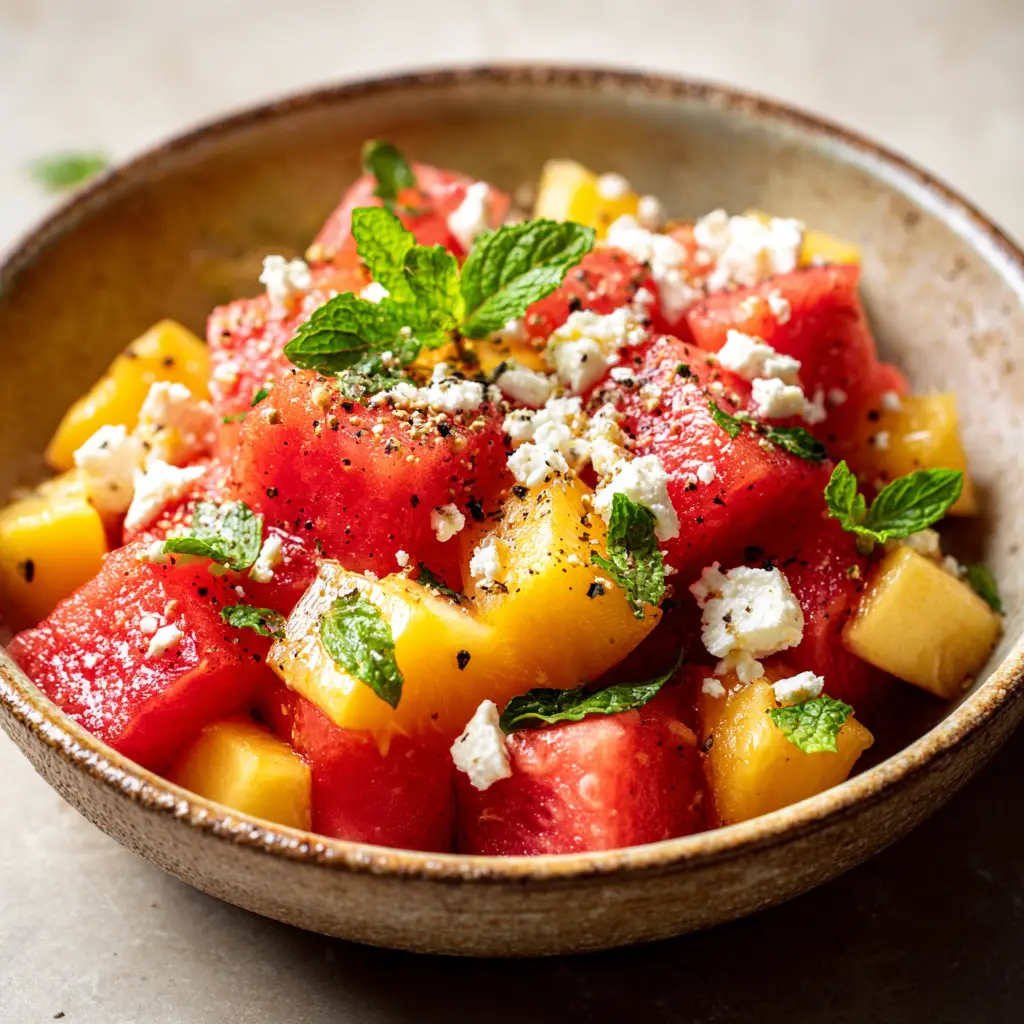 Peach Watermelon Salad Recipe (The Ultimate Refresher) 1 A large bowl of peach watermelon salad being gently tossed with a zesty lime dressing. A healthy and refreshing summer recipe.