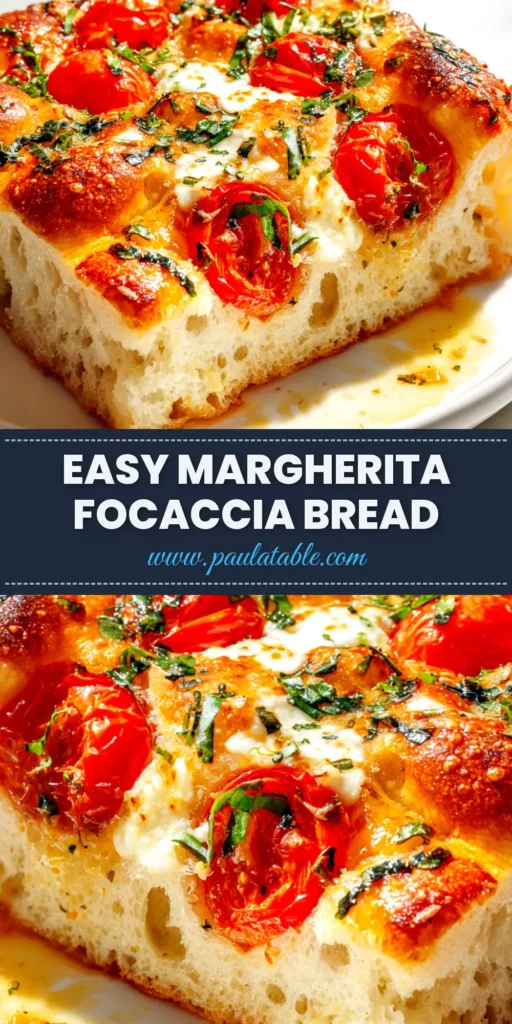 An overhead shot of a freshly baked Margherita Focaccia Recipe, golden brown with burst cherry tomatoes, melted mozzarella, and fresh basil, ready to be sliced.