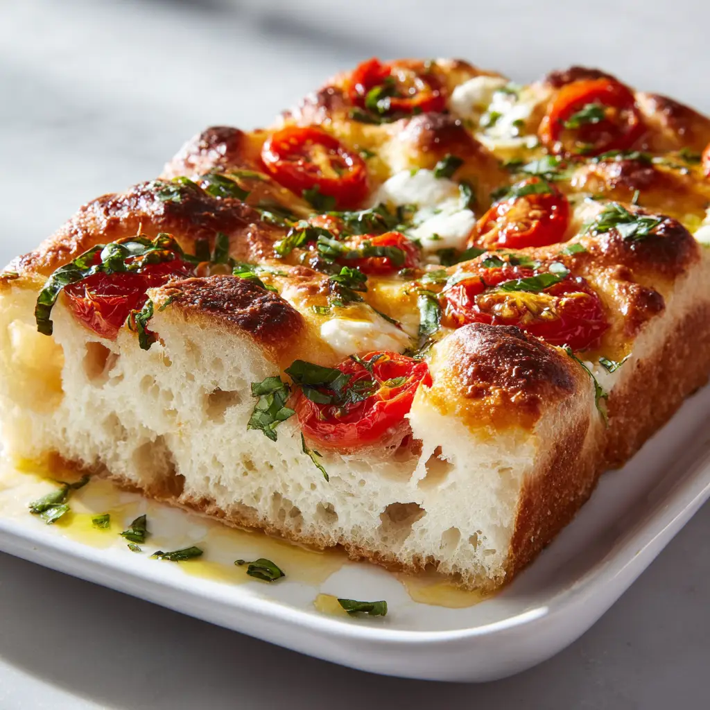 A slice of Margherita focaccia being lifted from the pan, showing the soft, fluffy interior and cheesy, tomato topping.
