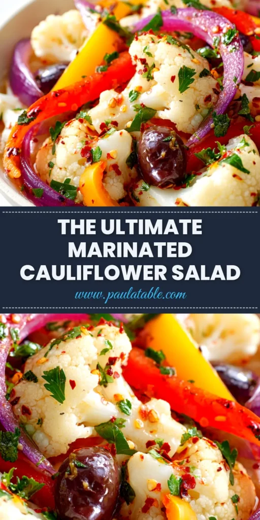 An overhead shot of a large bowl of Marinated Cauliflower Salad, showing the vibrant colors of cauliflower, red peppers, and herbs in a zesty vinaigrette.