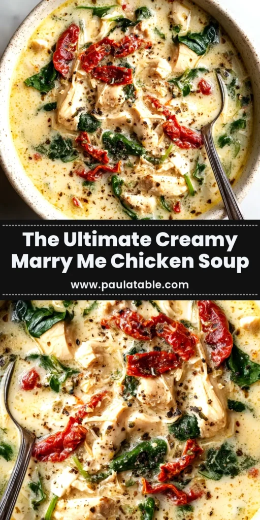 A bowl of creamy Marry Me Chicken Soup with a gold spoon. The rich, creamy soup is filled with chicken, orzo, and sun-dried tomatoes, and garnished with fresh basil.