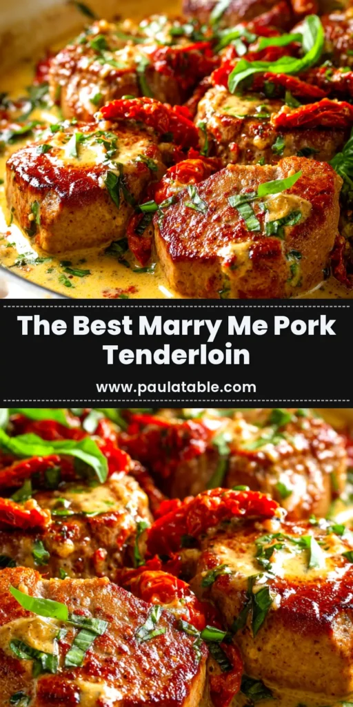 Marry Me Pork Tenderloin (The Only Recipe You'll Ever Need) 3 A Pinterest pin image for the Marry Me Pork Tenderloin recipe, showing sliced pork in a creamy sun-dried tomato sauce in a skillet.