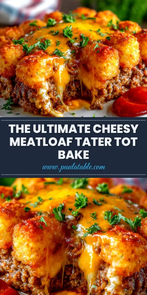A delicious slice of Meatloaf Tater Tot Casserole on a white plate, showcasing the juicy meatloaf layer, melted cheese, and crispy golden tater tots.