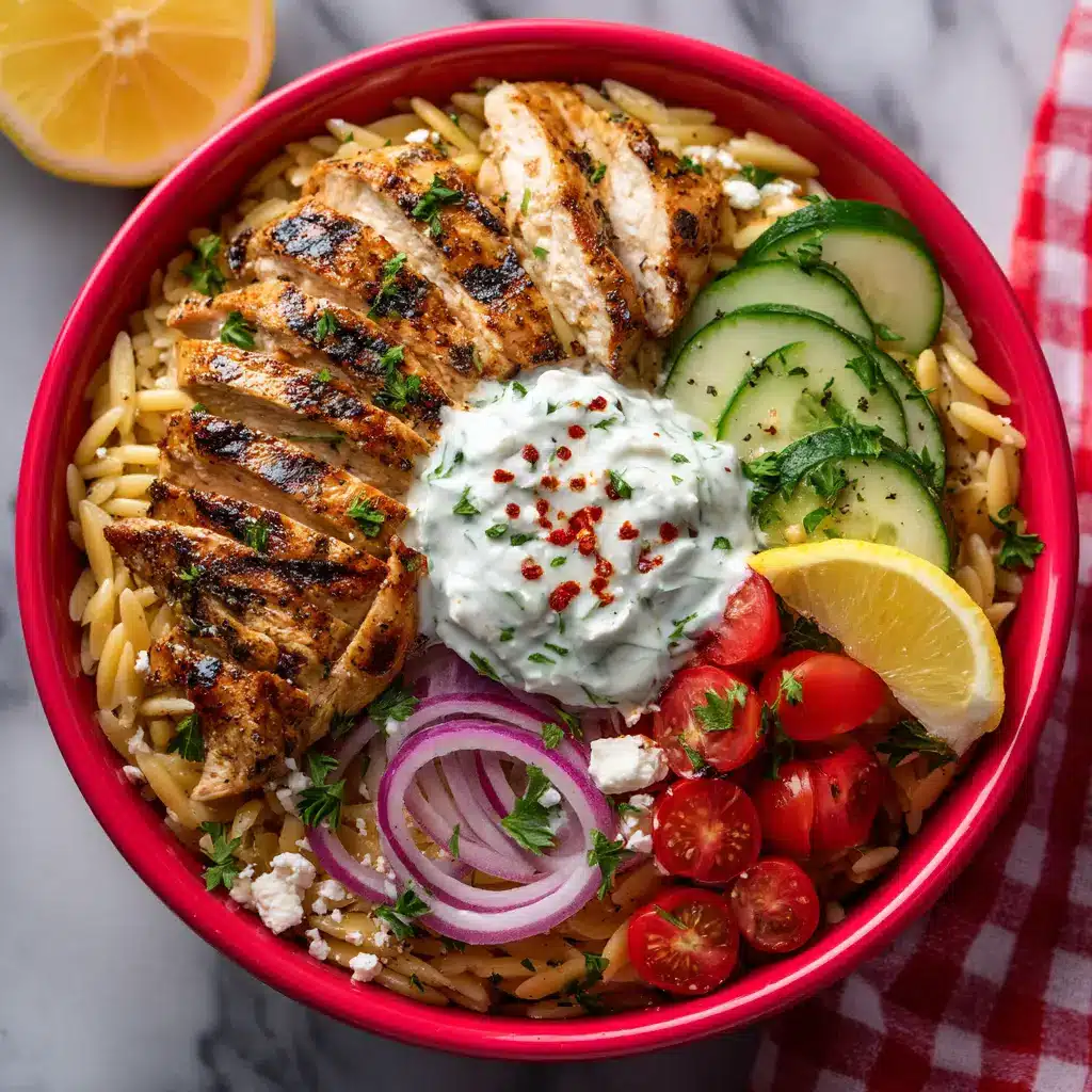A side view of a Mediterranean chicken bowl drizzled with creamy tzatziki sauce, with fresh ingredients in the background.