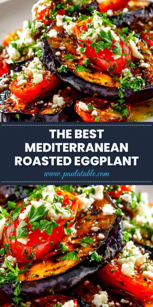 A platter of perfectly cooked Mediterranean roasted eggplant, garnished with fresh parsley and a side of lemon wedges, showcasing a caramelized texture.