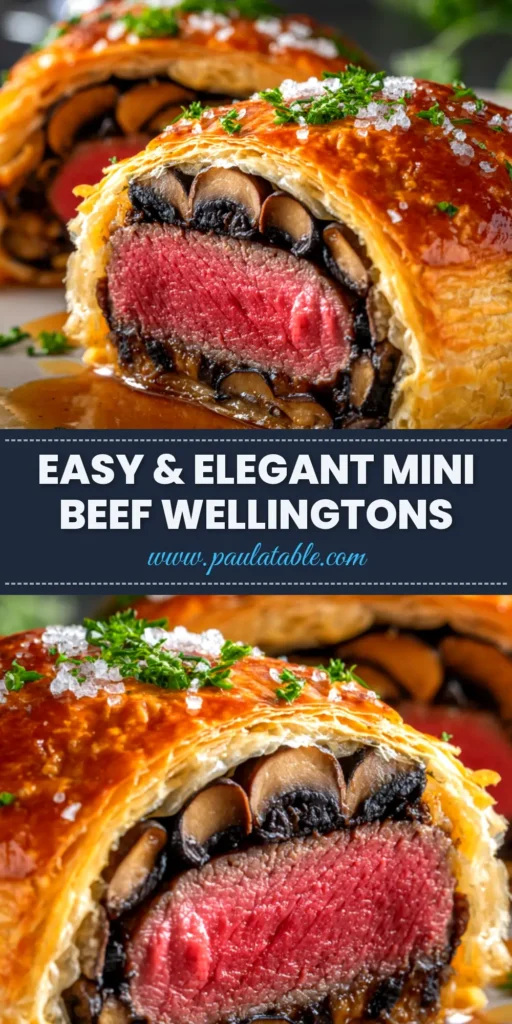 Mini Beef Wellingtons: The Ultimate Appetizer Recipe 3 A platter of golden-brown mini beef wellingtons, sliced to show the pink center of the beef tenderloin, ready to be served as an elegant appetizer.