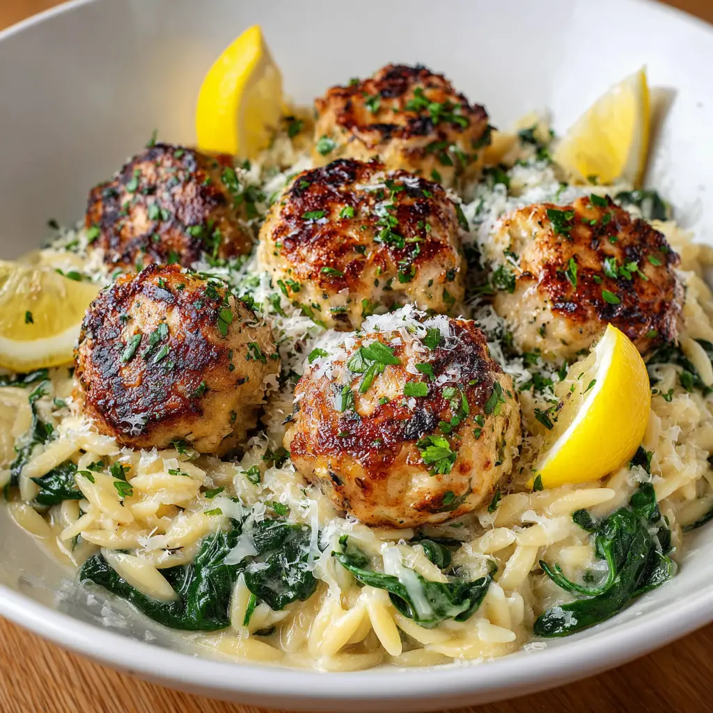 Lemony Chicken Ricotta Meatballs: The Juiciest Recipe 2 A close-up of tender chicken ricotta meatballs simmering in a light, creamy lemon sauce in a skillet. This image illustrates the moist texture of the final dish.