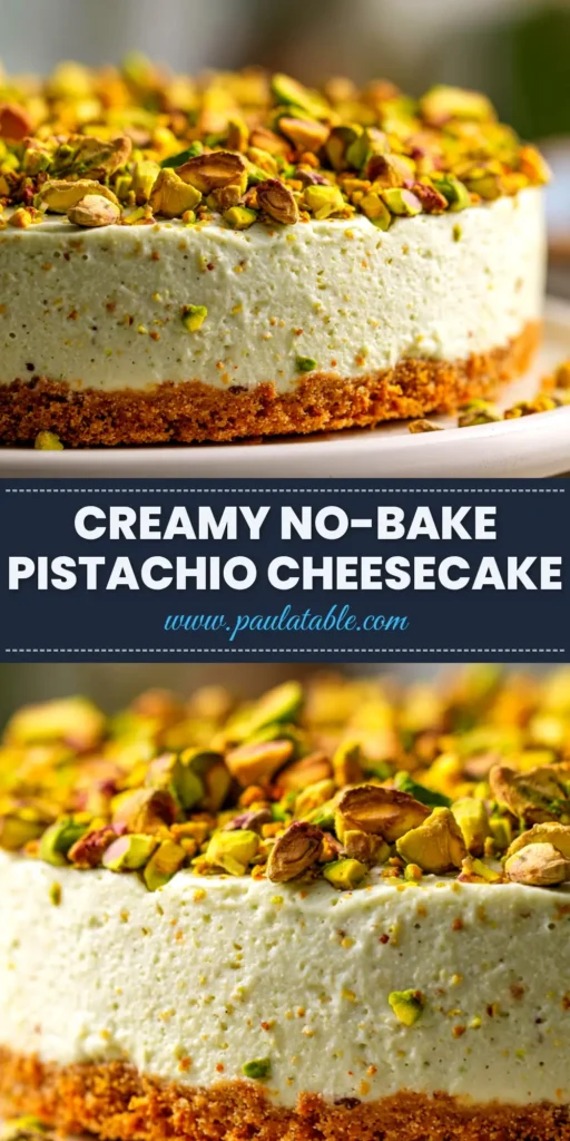 No-Bake Pistachio Cheesecake (Creamy & Easy Recipe) 3 A beautiful slice of no-bake pistachio cheesecake on a white plate, garnished with whipped cream and chopped pistachios. The perfect easy and creamy dessert recipe.