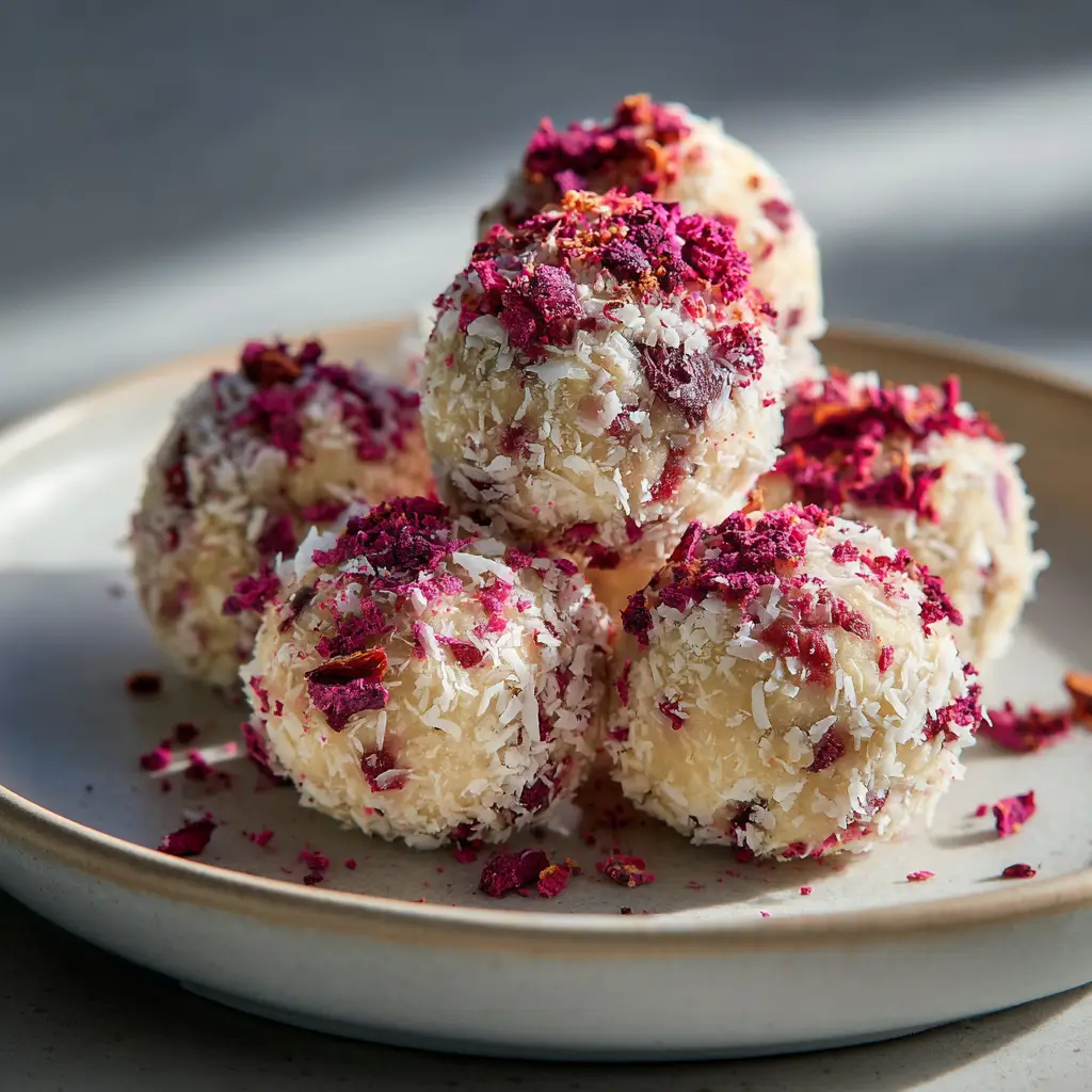 Strawberry Cheesecake Protein Balls (Easy, No-Bake Recipe) 2 A bright and clean close-up shot of several strawberry cheesecake protein balls on a plate. The focus is on the texture of the no-bake energy bites.