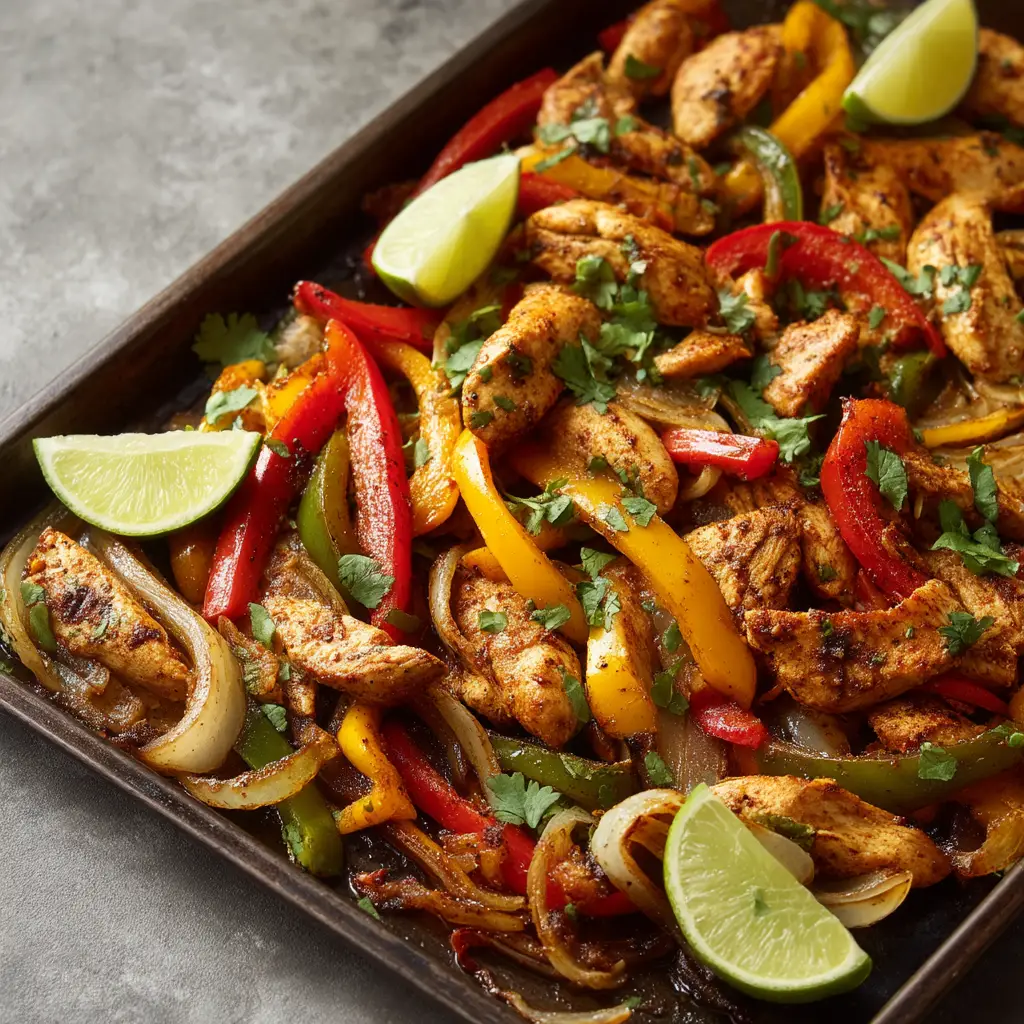 Sheet Pan Chicken Fajitas (Easy, Flavorful Recipe!) 1 A beautiful spread of the finished one pan chicken fajitas, ready to be served with tortillas and fresh toppings.