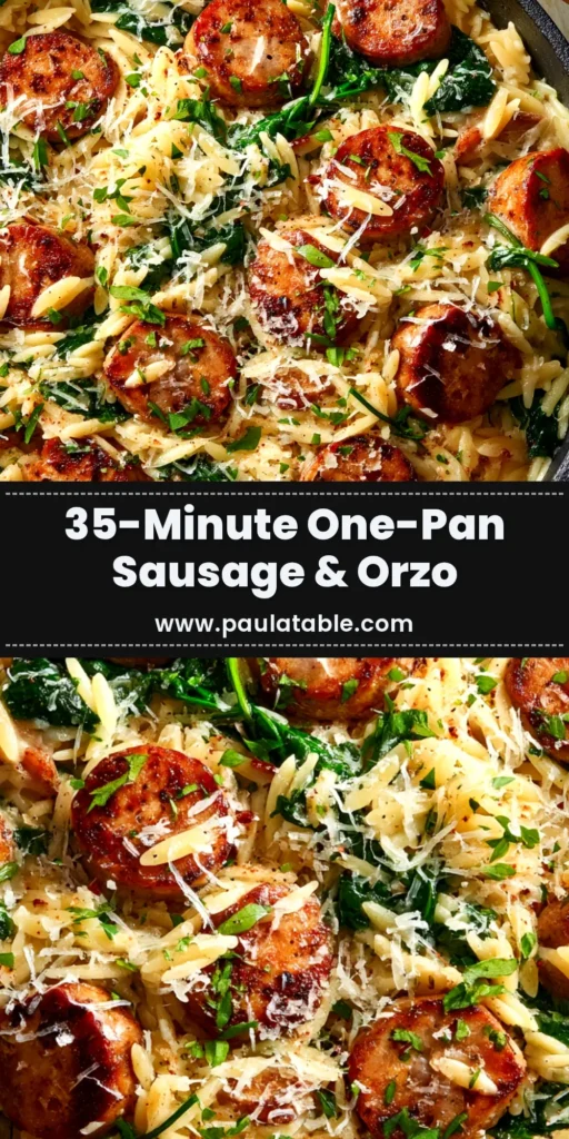 One-Pan Chicken Sausage Orzo with Spinach and Feta 3 A skillet of creamy One-Pan Chicken Sausage Orzo with spinach and feta cheese, garnished with fresh parsley. The perfect 30-minute weeknight dinner idea.