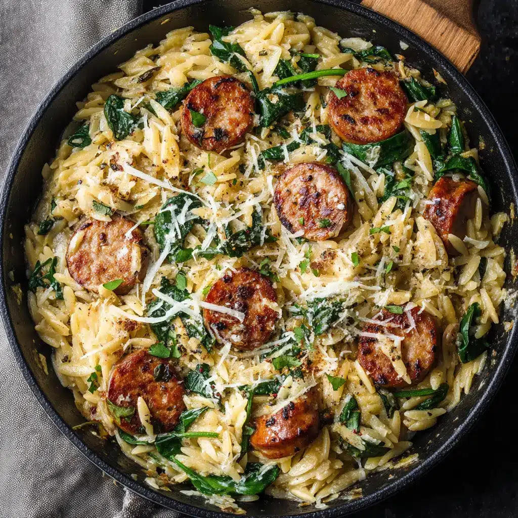 One-Pan Chicken Sausage Orzo with Spinach and Feta 1 A spoonful of the finished chicken sausage orzo, showcasing the crumbled feta cheese and fresh parsley garnish on top.