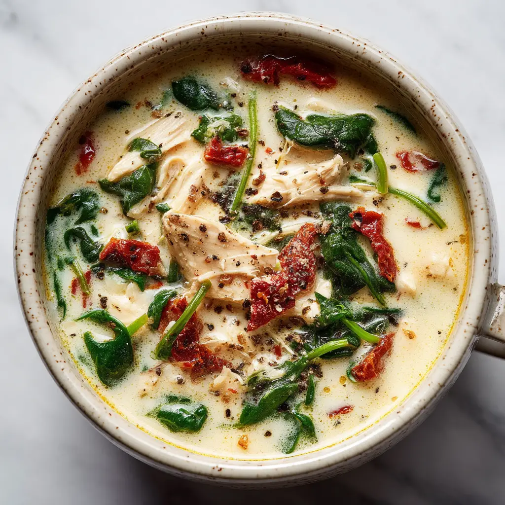 A top-down view of a bowl of one-pot Marry Me Chicken Soup garnished with fresh basil, ready to be served.