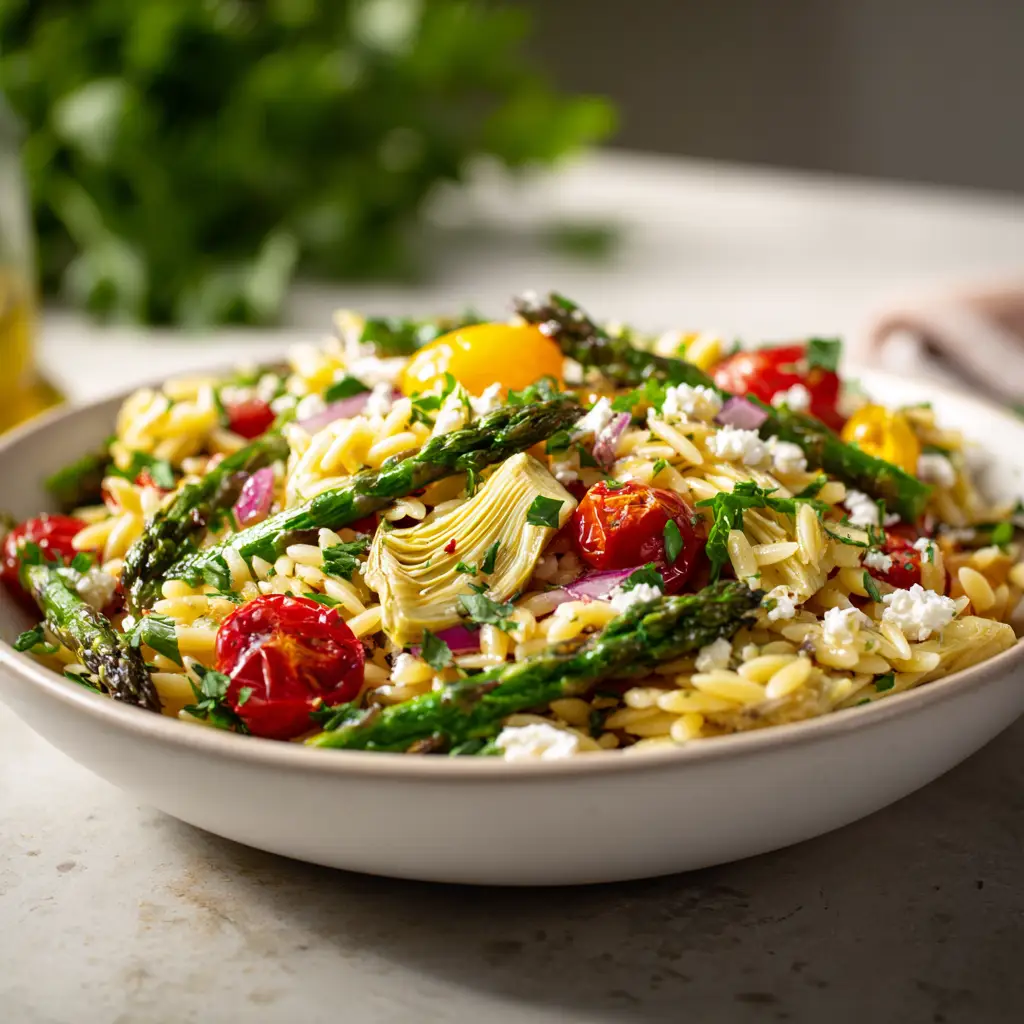 A serving of the orzo and asparagus salad on a plate, showcasing it as a delicious and healthy lunch or side dish option.