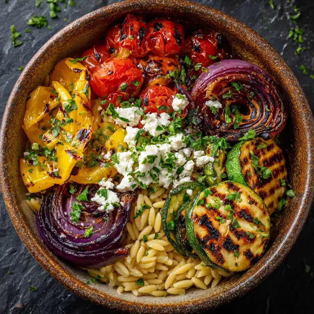 A close-up of the lemon-herb vinaigrette being poured over the Mediterranean orzo salad, highlighting the fresh dressing.