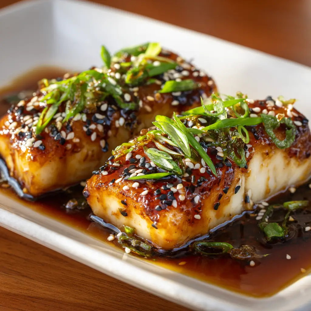 A skillet with pan-seared ginger soy glazed cod, showing the caramelized edges and the bubbling glaze. A simple method for an easy glazed cod recipe.