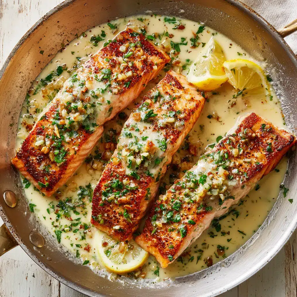 Creamy Garlic Salmon (Ready in 20 Minutes!) 2 A pan-seared salmon fillet being coated with a spoonful of creamy garlic sauce in a black skillet.