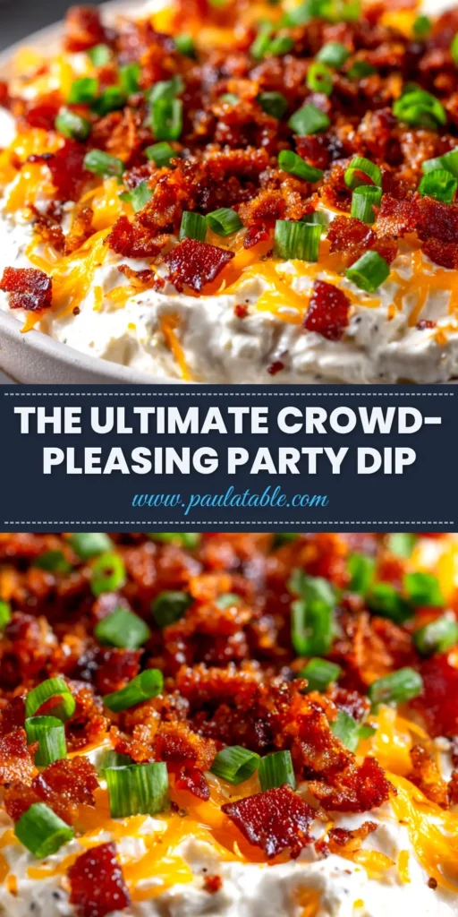 An overhead shot of the ultimate party dip recipe in a white bowl, topped with bacon, cheese, and green onions, surrounded by crackers.