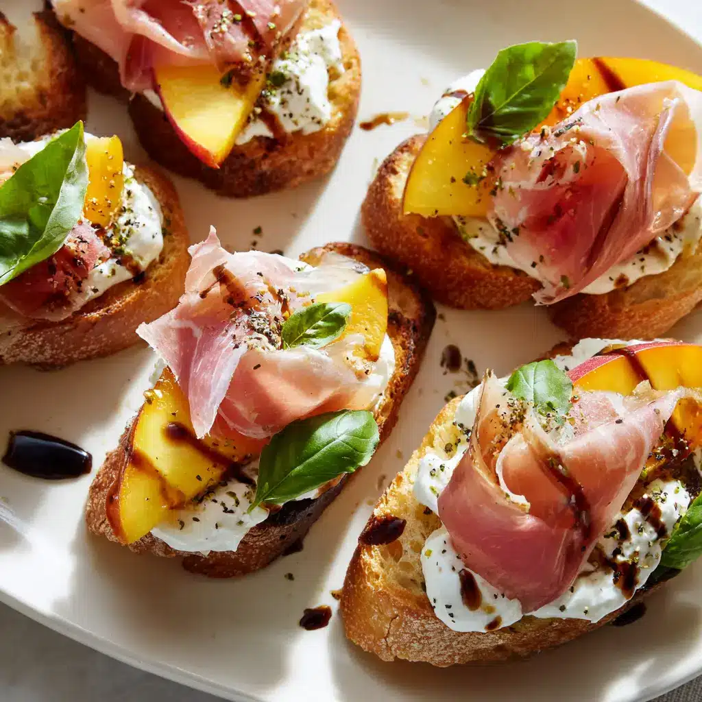 A vibrant platter of peach and burrata toast, beautifully arranged and garnished with fresh basil for a summer party.