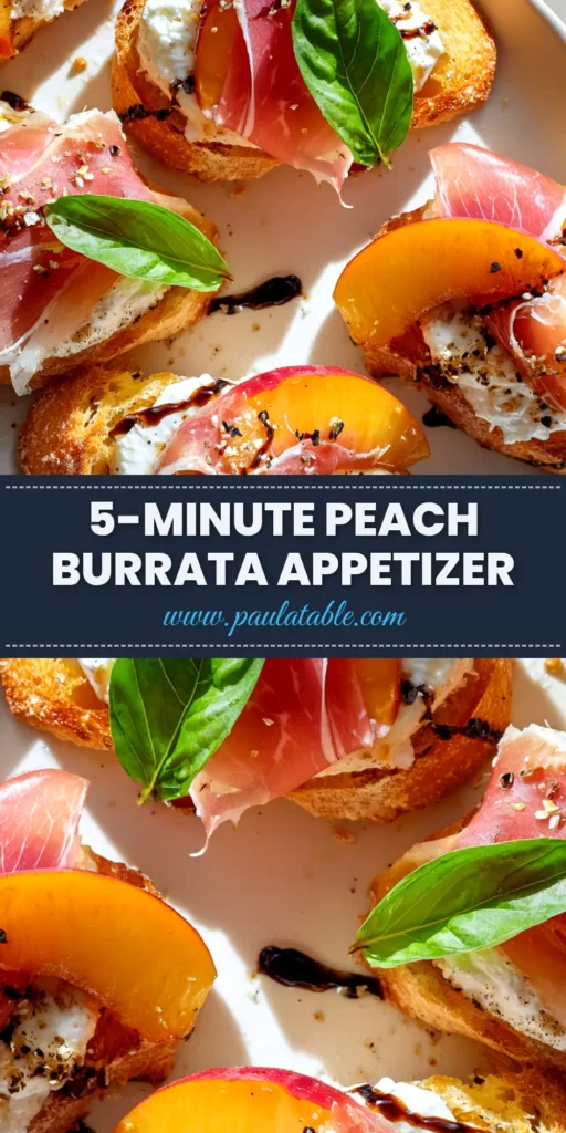 A platter of delicious Peach Burrata Crostini, topped with fresh basil and a balsamic glaze drizzle. The perfect easy summer appetizer recipe.