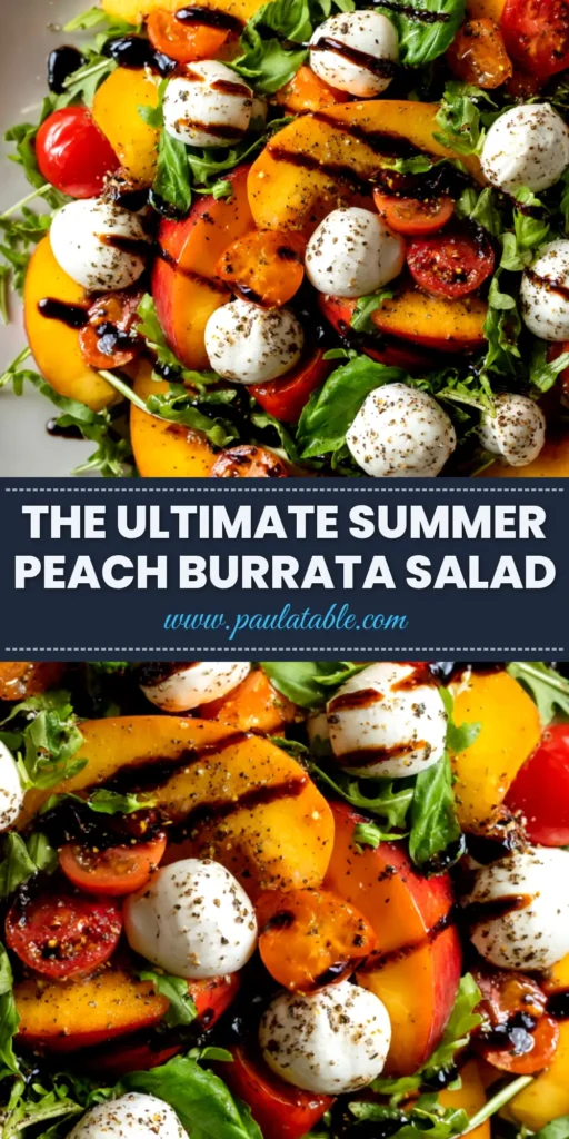 A vibrant Peach Burrata Salad on a white platter, with grilled peaches, prosciutto, arugula, and a generous drizzle of balsamic glaze. A perfect summer recipe idea.