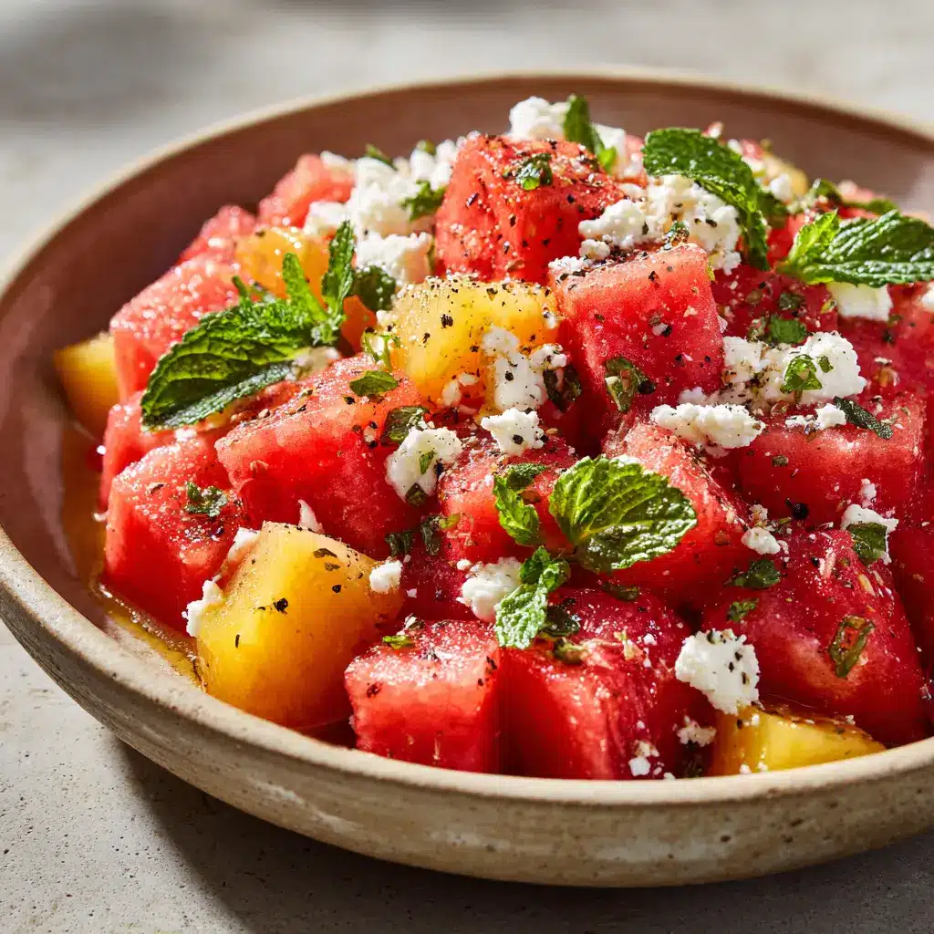 Peach Watermelon Salad Recipe (The Ultimate Refresher) 2 A close-up shot of the ingredients for the peach watermelon salad, including cubed watermelon, sliced peaches, and fresh mint leaves.